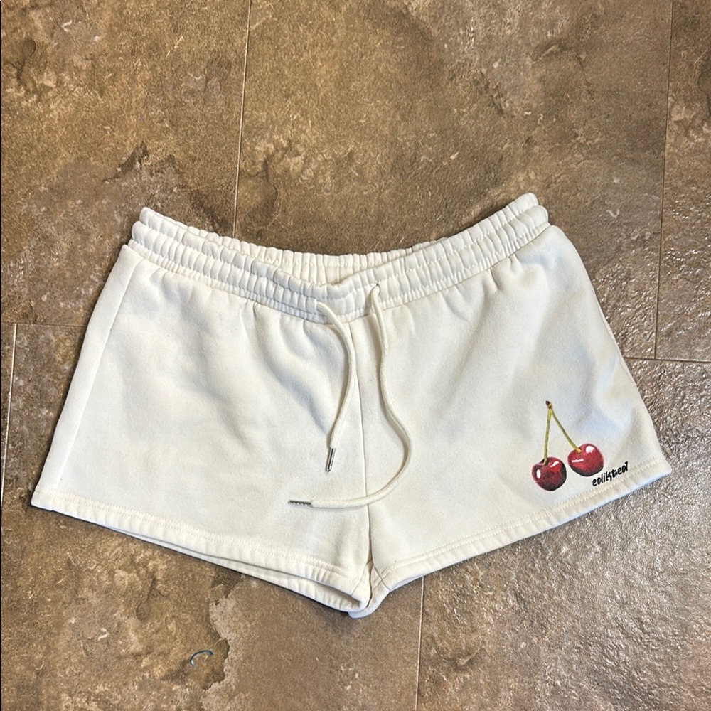Edikted Cream Athletic Shorts with Elastic Waistband